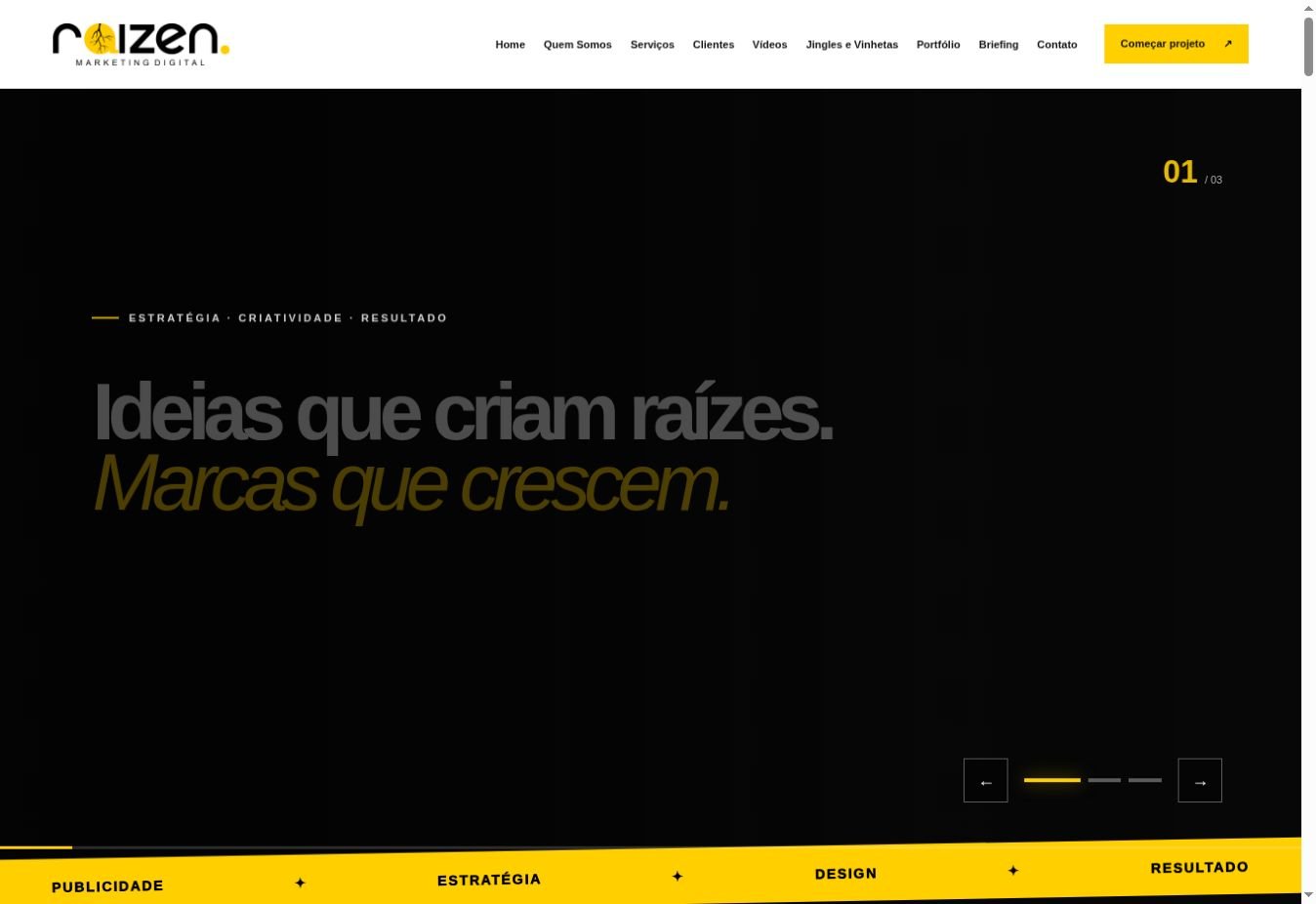 Página inicial do site Raizen Marketing Digital